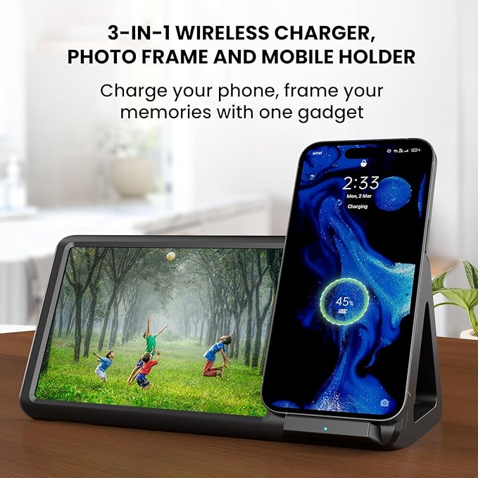 Portronics Freedom 5 Provides Double Utility- a 15W Wireless Charger for Your iPhone (12 & Above Series) and a Photo Frame to Preserve Your Timeless Memories(Black) - Image 2