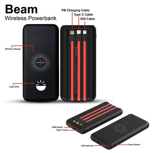 Beam 10000 mAh Wireless Powerbank with Inbuilt Cables - Image 2